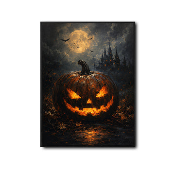 Glowing Jack O Lantern Haunted Castle Full Moon Halloween Canvas Wall Art