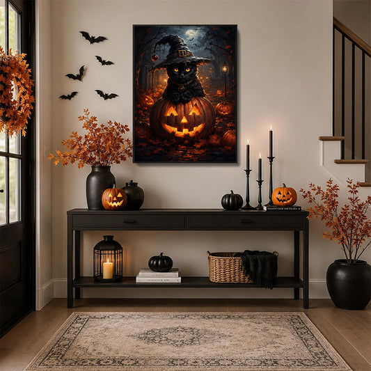 Black Cat Witch Hat Glowing Jack O Lantern Dark Forest Halloween Canvas Wall Art