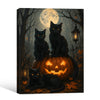 Three Black Cats Glowing Jack O Lantern Full Moon Forest Halloween Canvas Wall Art