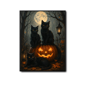 Three Black Cats Glowing Jack O Lantern Full Moon Forest Halloween Canvas Wall Art