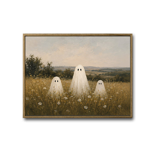 Three Cute Ghost Wild Daisy Meadow Vintage Farmhouse Halloween Canvas Wall Art
