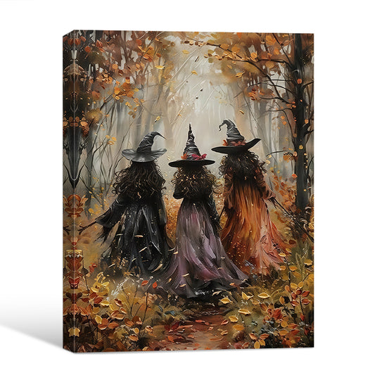 Three Vintage Witches Autumn Misty Forest Halloween Canvas Wall Art