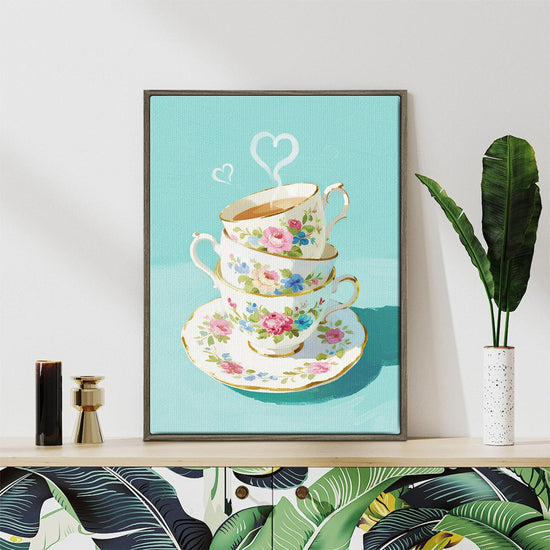 coffee frame wall art canvas painting depicts stacked floral teacups