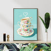 coffee frame wall art canvas painting depicts stacked floral teacups