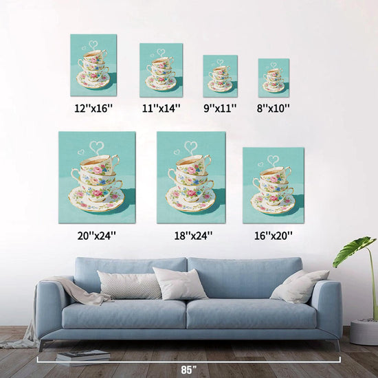 different size wall art canvas painting depicts stacked floral teacups