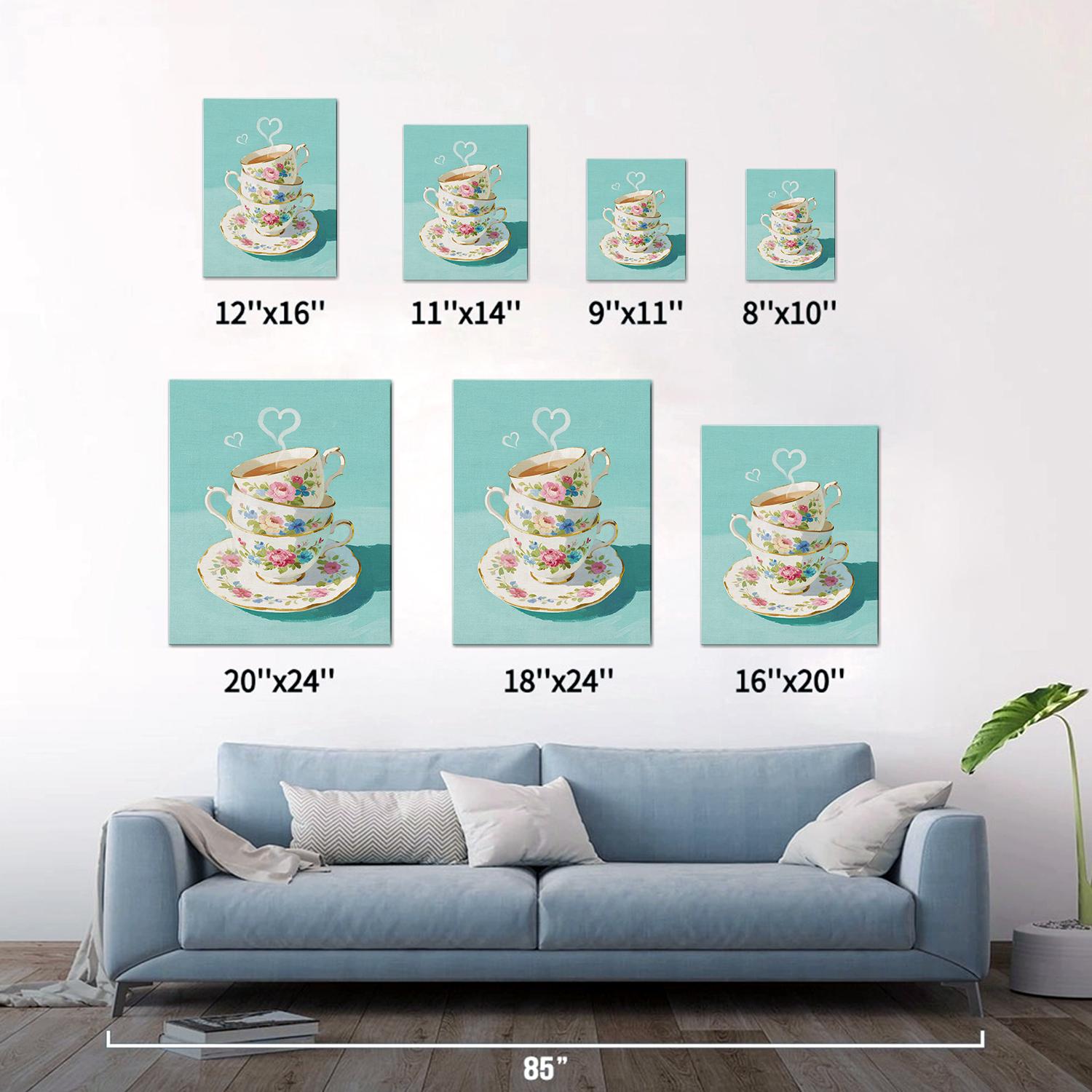 different size wall art canvas painting depicts stacked floral teacups
