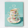 wall art canvas painting depicts stacked floral teacups