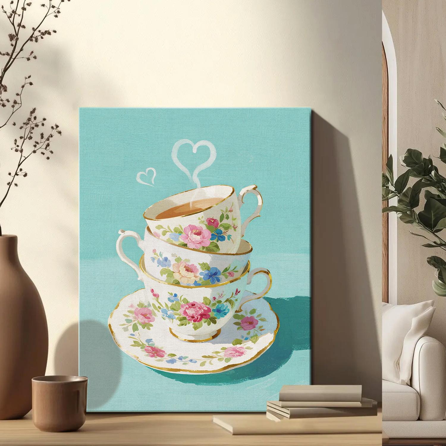 wall art canvas painting on the table depicts stacked floral teacups