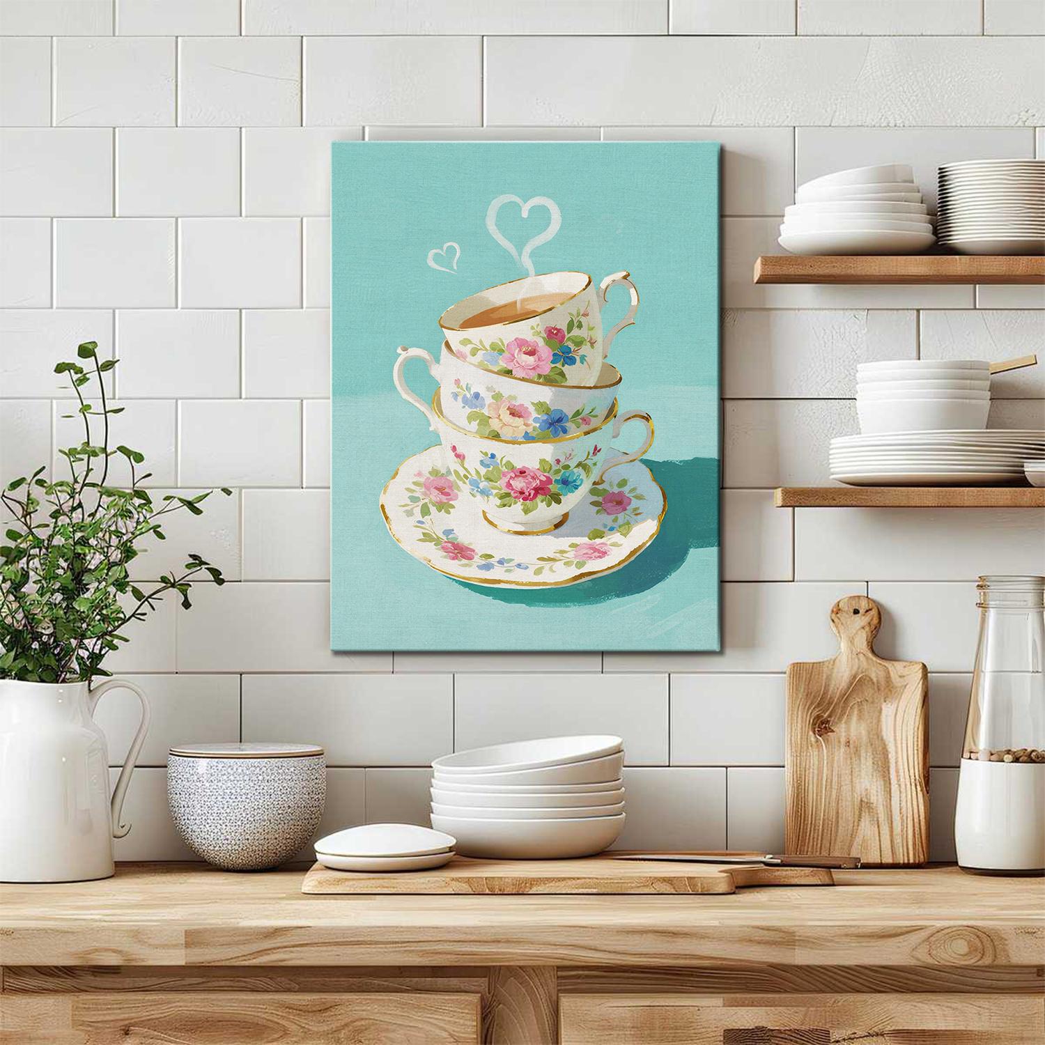 wall art canvas painting in the kitchen depicts stacked floral teacups