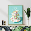 gold frame wall art canvas painting depicts stacked floral teacups
