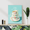 white frame wall art canvas painting depicts stacked floral teacups