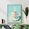 light oak color frame wall art canvas painting depicts stacked floral teacups