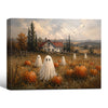 Vintage Farmhouse Pumpkin Field Cute Ghost Old Country House Halloween Canvas Wall Art