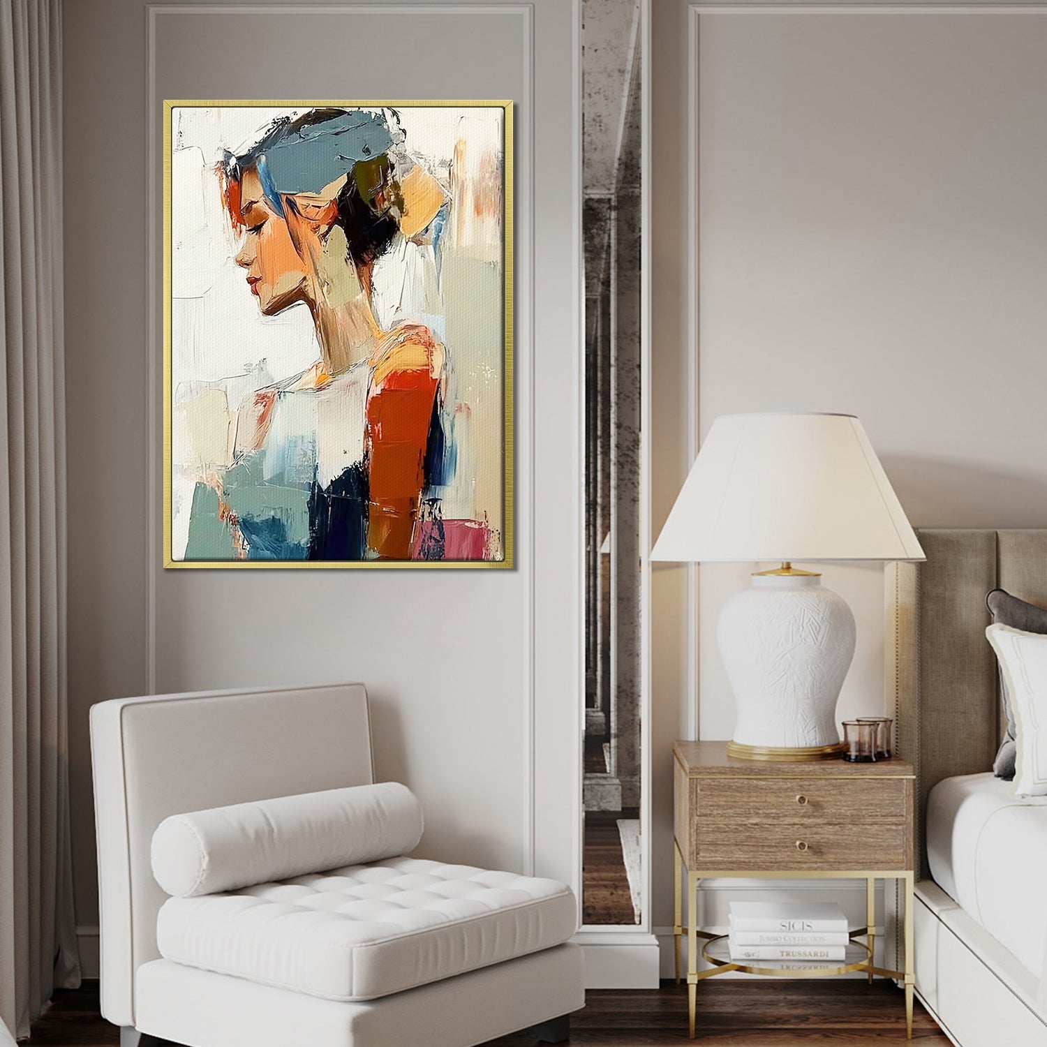 gold frame wall art women painting above the sofa