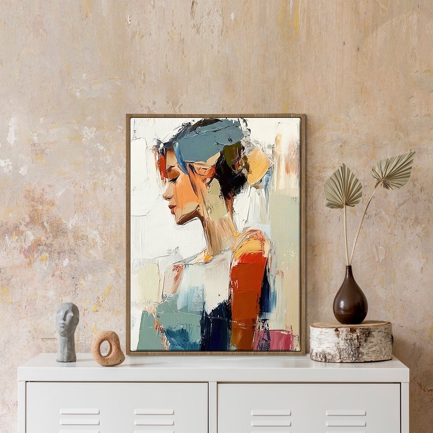 light oak color frame wall art women painting on the table