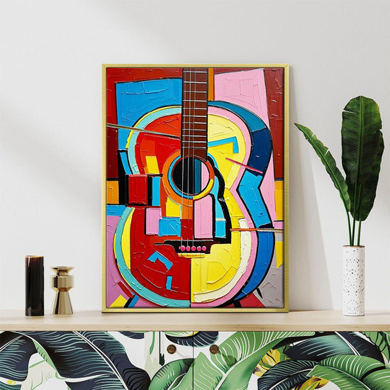 gold frame wall art painting colorful abstract guitar 