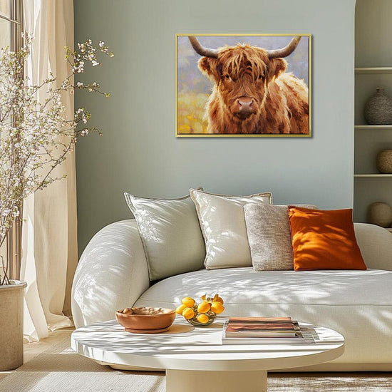 gold frame wall art canvas depicts highland cattle