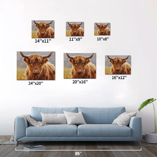 different size wall art canvas depicts highland cattle