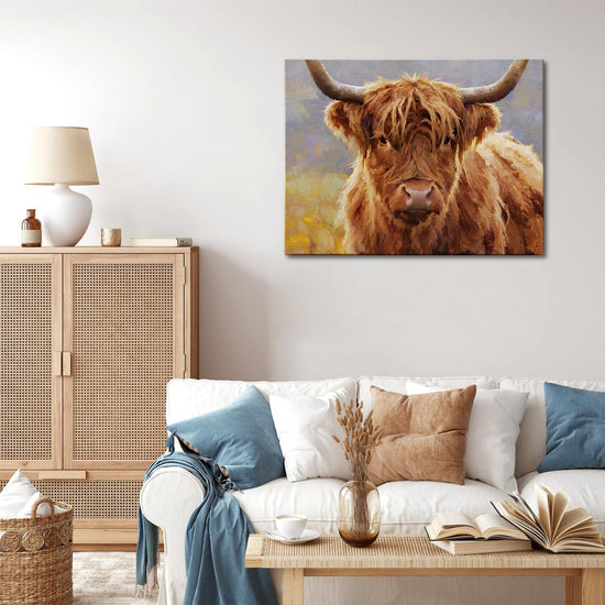 wall art canvas in the living room  depicts highland cattle