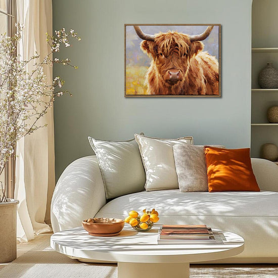 light oak color frame wall art canvas depicts highland cattle