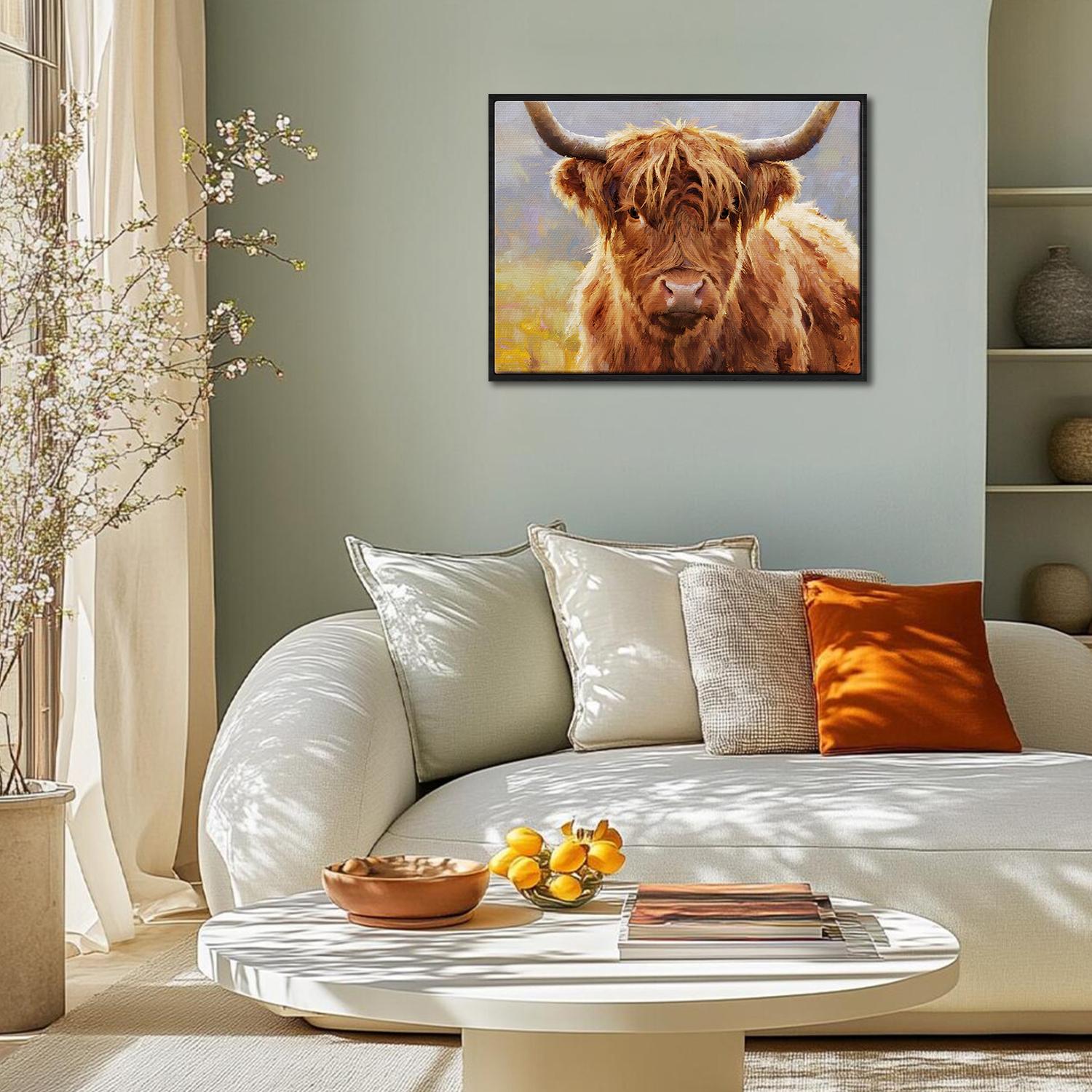 black frame wall art canvas depicts highland cattle