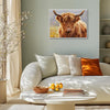 white frame wall art canvas depicts highland cattle