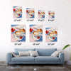 different size wall art canvas painting in the kitchen depicts a cozy scene with latte art coffee, strawberries, croissants and an open book.