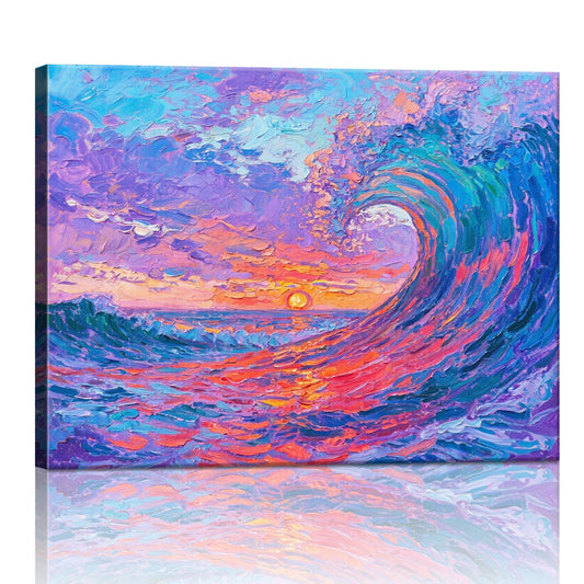 wall art painting depicts the magnificent scene of colorful waves surging