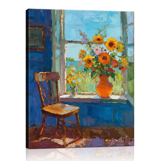 wall art painting shows flowers by the window and the beautiful scenery outside the window