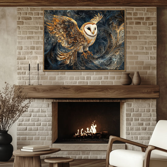 wall art print flying owl light oak frame Fireplace decorative painting