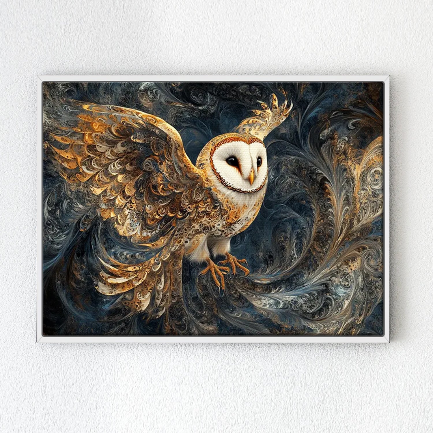 wall art print flying owl white frame 