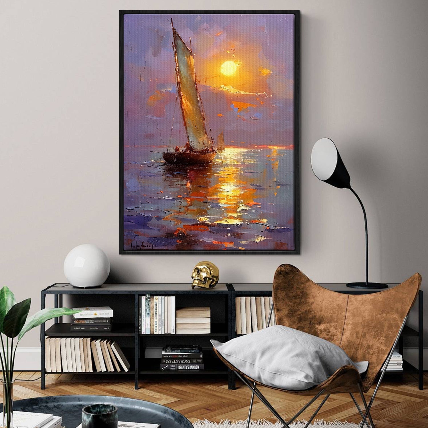black frame sea sailing boat wall art painting in the living room