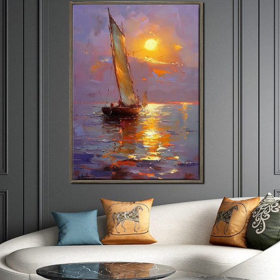 coffee frame sailboat on the sea at sunset canvas print,hanging in the living room