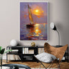 white frame art painting sailboat on the sea at sunset,Hanging in the living room