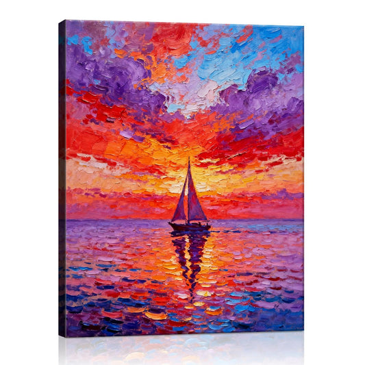 wall art painting depicts the beautiful scenery of a sailboat sailing on the sea dyed by the gorgeous sunset.