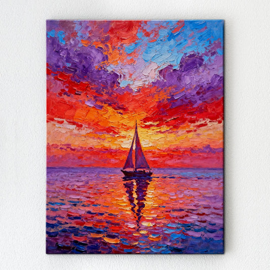 wall art painting depicts the beautiful scenery of a sailboat sailing on the sea dyed by the gorgeous sunset.