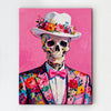 art canvas depicts skeleton in a suit