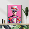 black frame wall art canvas depicts skeleton in a suit
