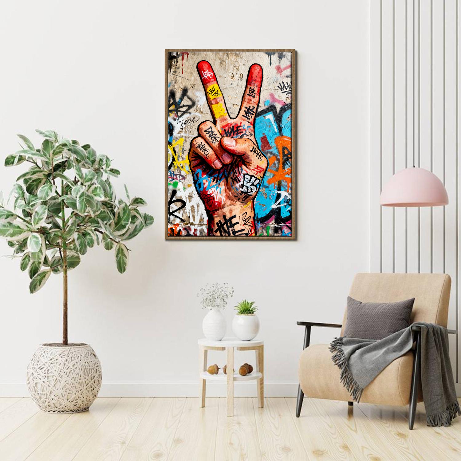 light oak color frame wall art painting victory gesture hang on the wall