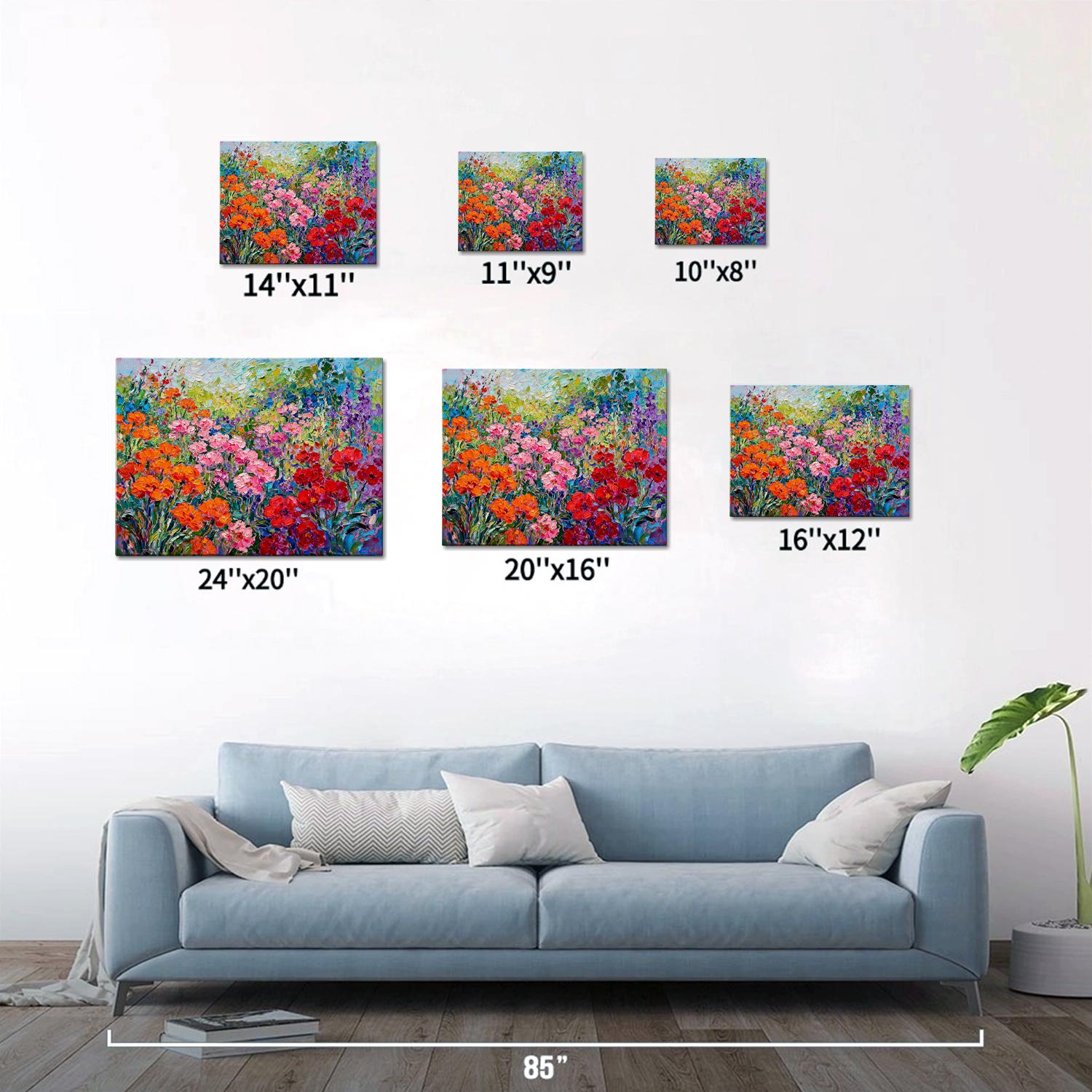 different size wall art canvas painting depicts a colorful sea of ​​flowers