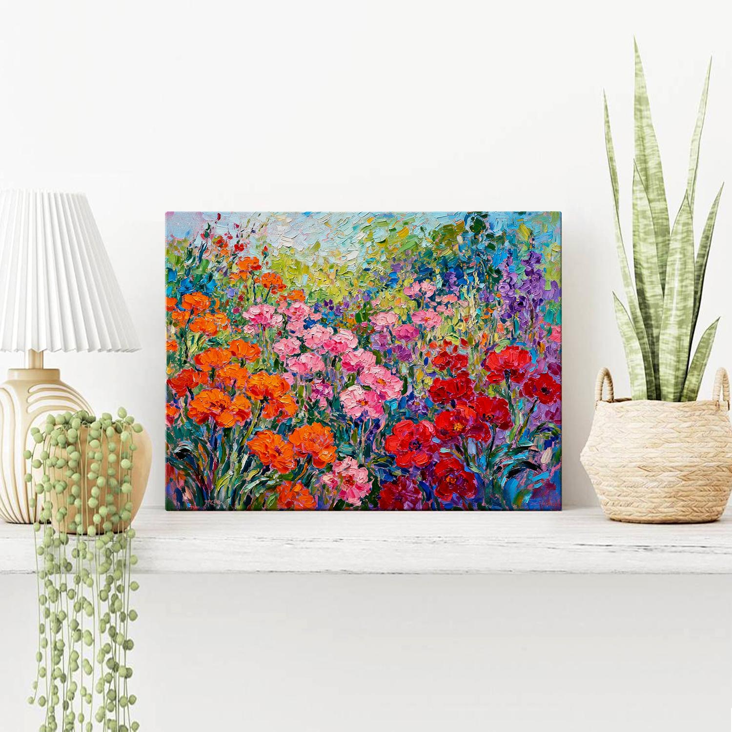 wall art canvas painting on the table depicts a colorful sea of ​​flowers