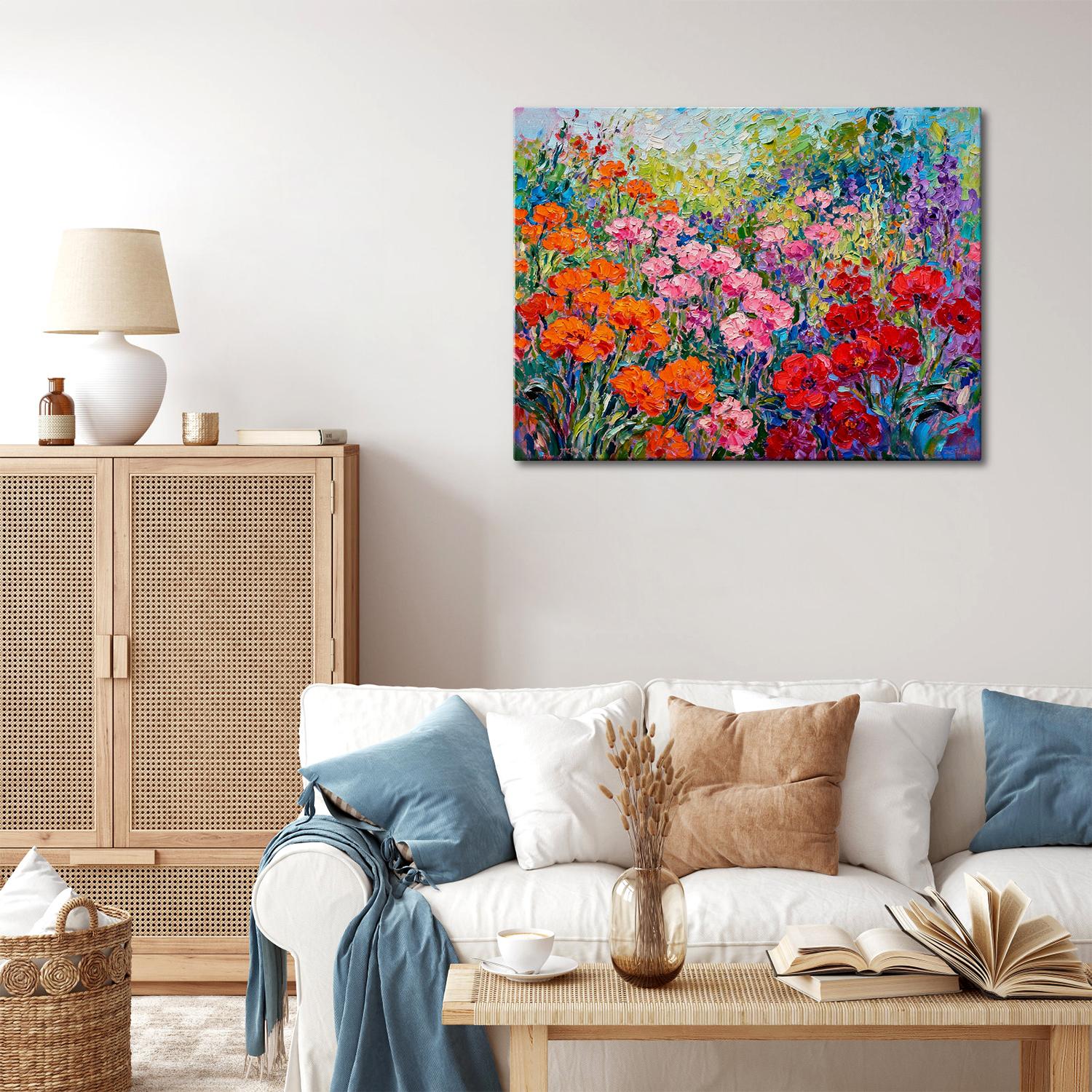 wall art canvas painting in the living room depicts a colorful sea of ​​flowers