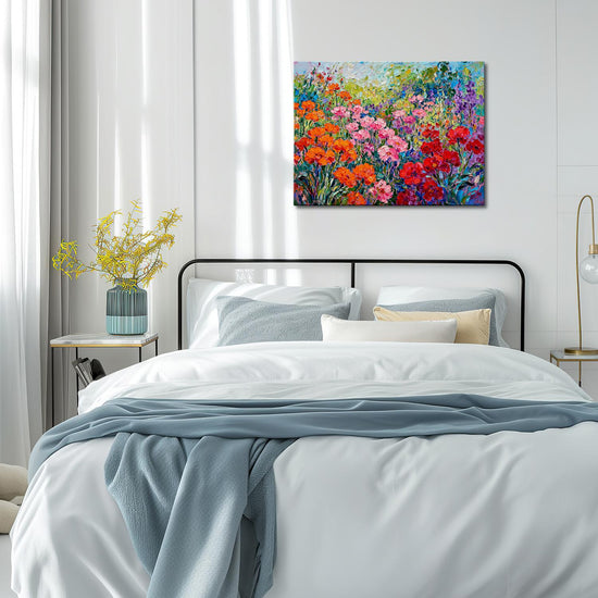 wall art canvas painting in the bedroom depicts a colorful sea of ​​flowers