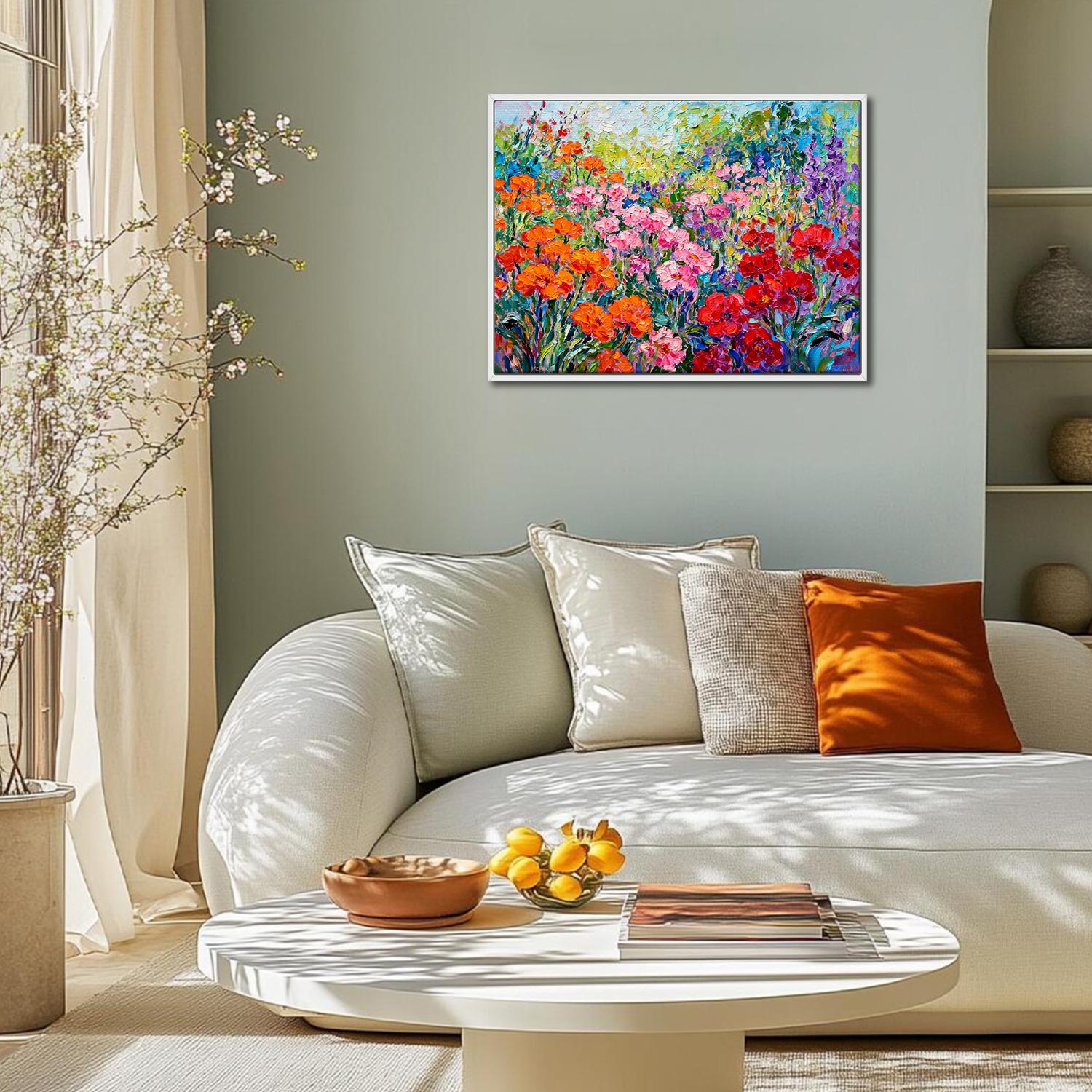 white frame wall art canvas painting depicts a colorful sea of ​​flowers