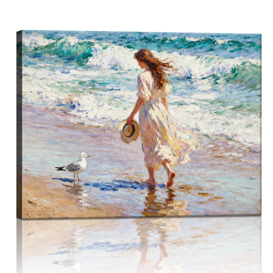 wall art painting depicts a woman in a flowing long dress walking on the beach, accompanied by seagulls.