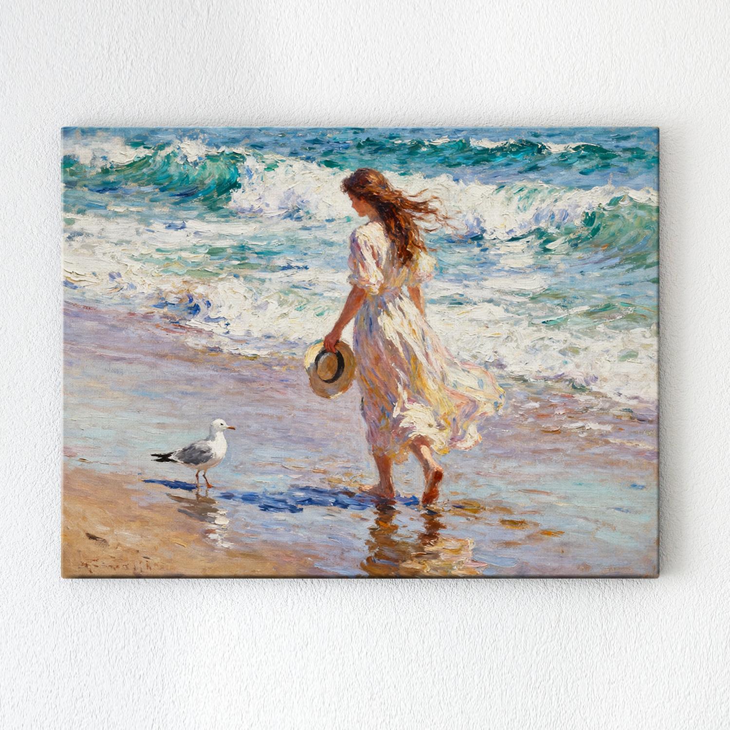 wall art painting depicts a woman in a flowing long dress walking on the beach, accompanied by seagulls.