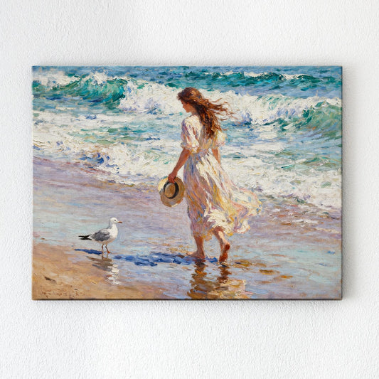 wall art painting depicts a woman in a flowing long dress walking on the beach, accompanied by seagulls.
