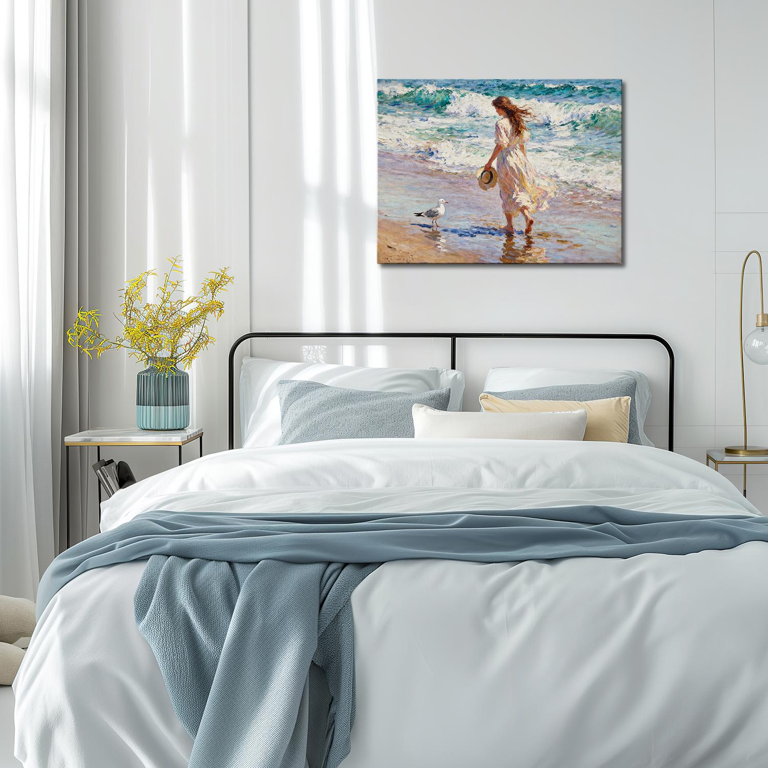 wall art painting in the bedroom depicts a woman in a flowing long dress walking on the beach, accompanied by seagulls.