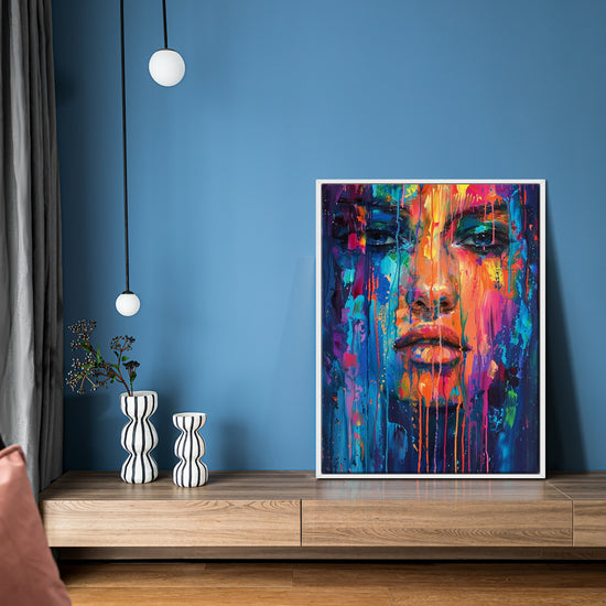 white frame abstract beautiful woman art canvas on the blue wall