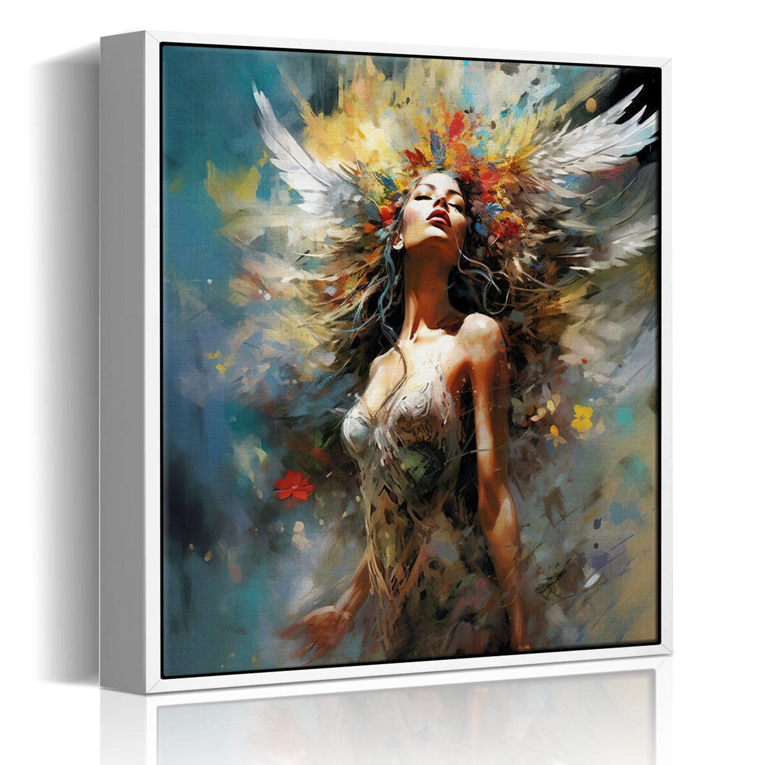 white frame flower goddess canvas print